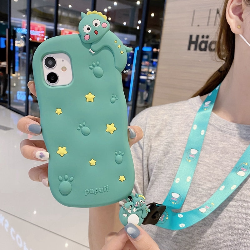 Super Cute 3D dinosaur Hamburger Bear + Lanyard Silicone cover for iphone 12Mini 11Pro MAX XR SE2 8plus with Pendant phone case