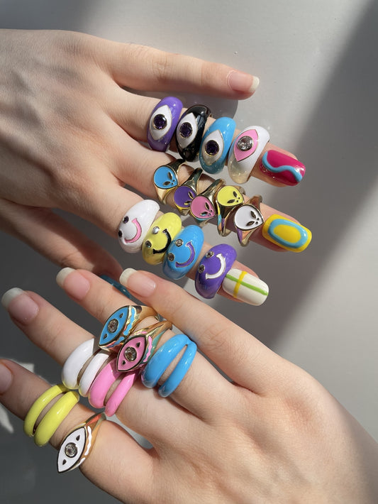 New Pink Blue Glazed Colorful Smiley Snake Alien Evil Eyes  Punk Ring for Women Girls Party Jewelry