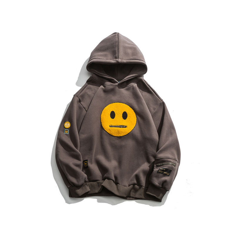 Zipper Pocket Smiley Face Patchwork Fleece Hoodies Sweatshirts Streetwear Mens Hip Hop