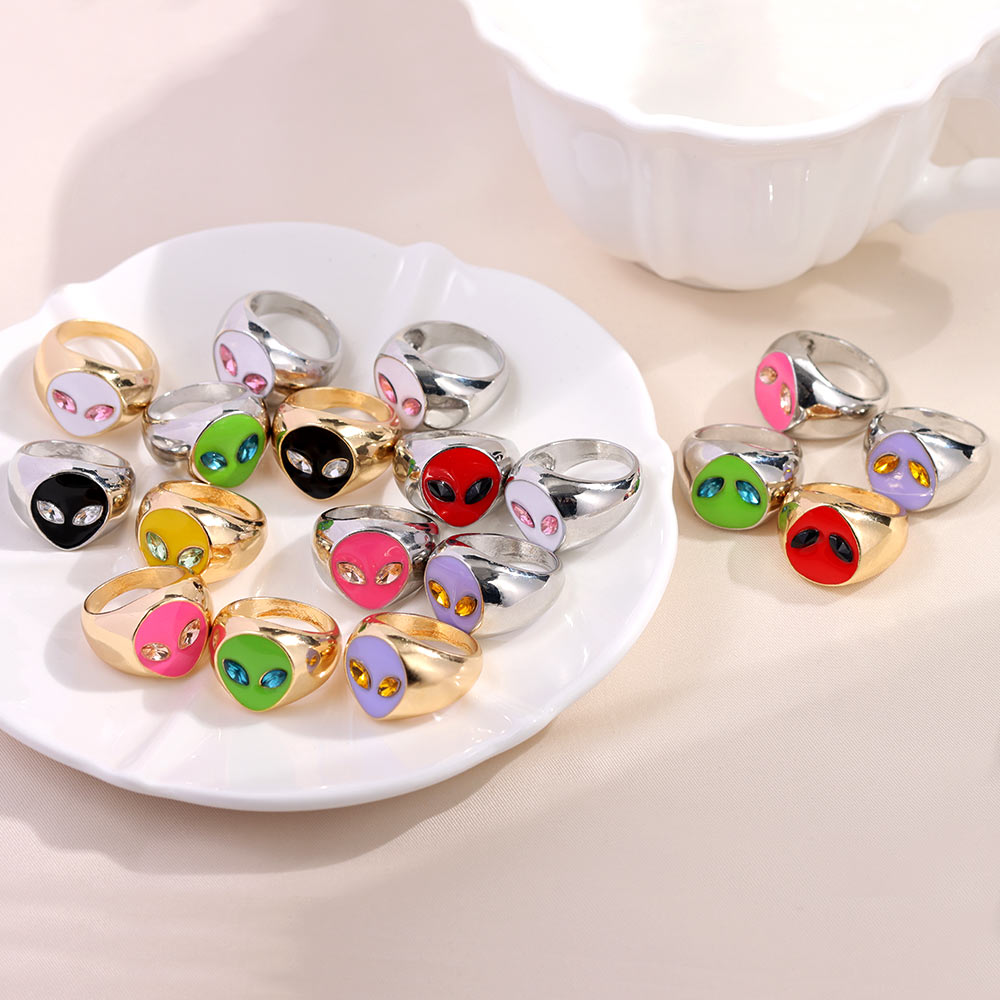 JUST FEEL Cute Alien Metal Rings Gold Silver Color Fashion Statement Multicolor Crystal Enamel Rings Unisex Best Jewelry Gift