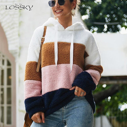 Lossky Women Hoodies Sweatshirt Striped Patchwork Ladies
