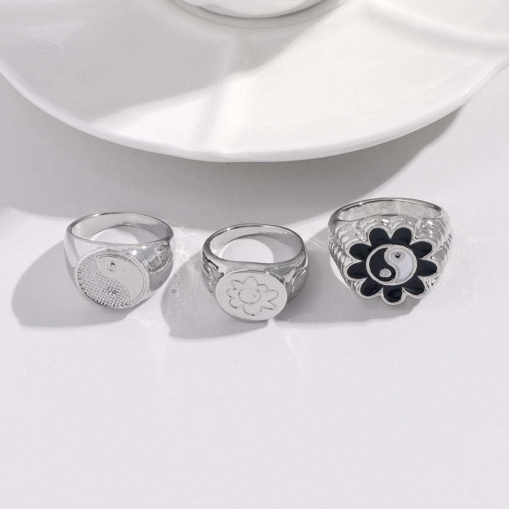 Silver Color Metal Alien Face Yin Yang Rings Set For Women Men Heart Geometric Ring Party