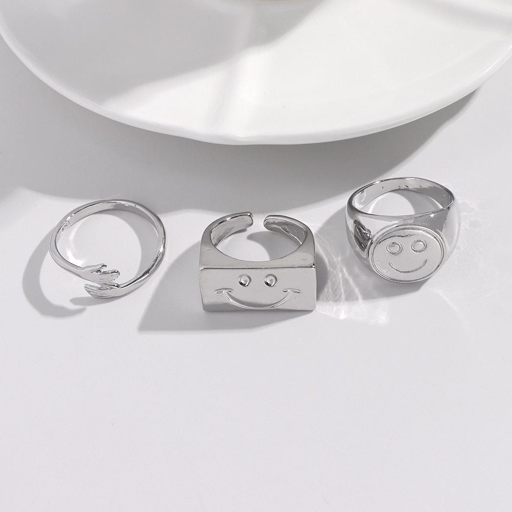 Silver Color Metal Alien Face Yin Yang Rings Set For Women Men Heart Geometric Ring Party