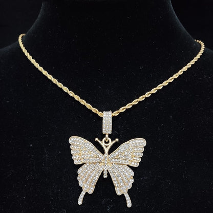 Iced Out Bling butterfly Necklace with 13mm Crystal Cuban Chain