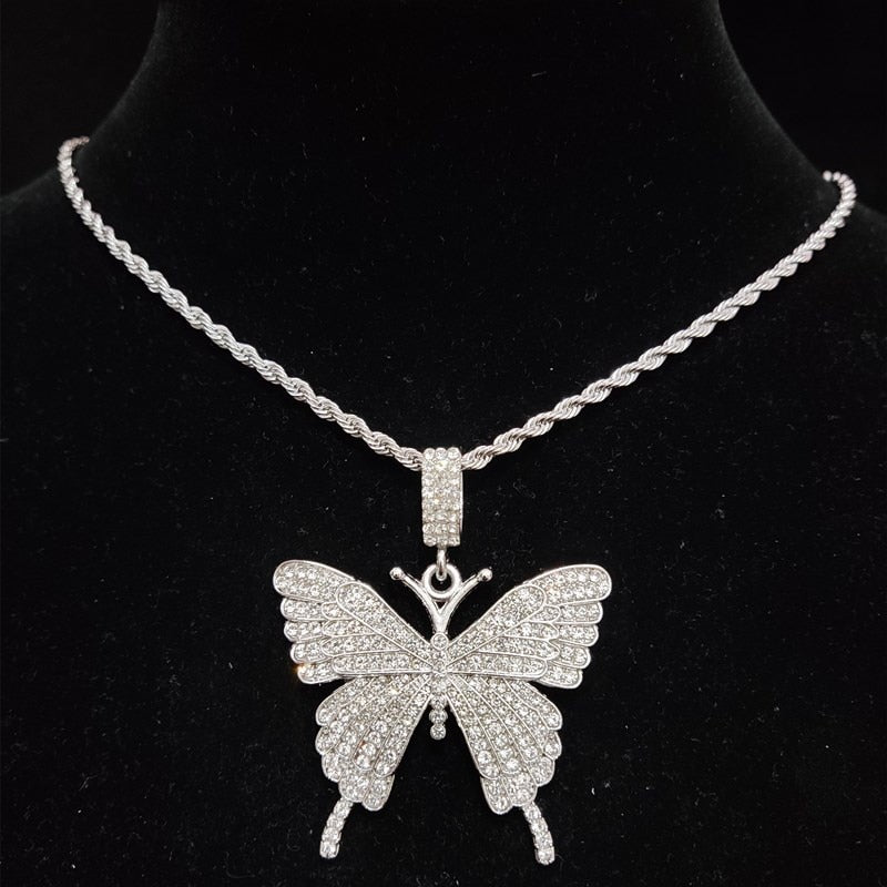 Iced Out Bling butterfly Necklace with 13mm Crystal Cuban Chain