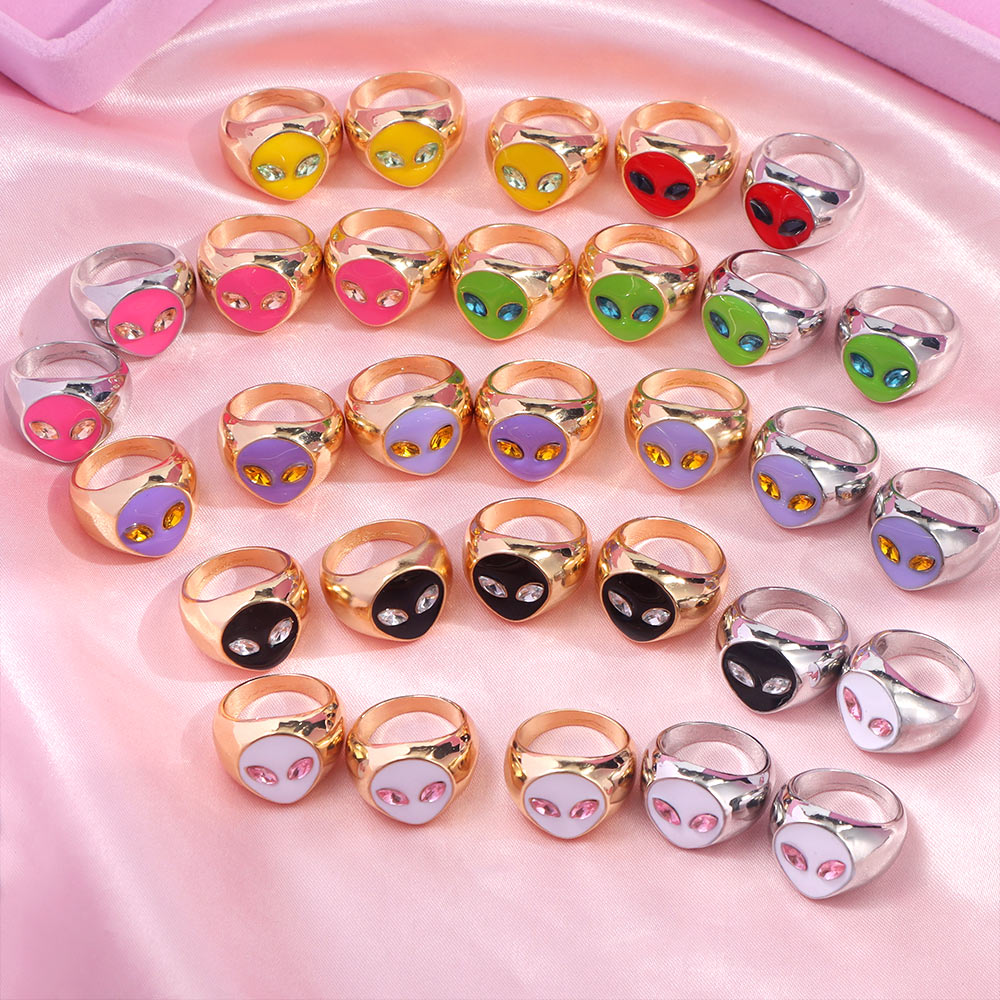 JUST FEEL Cute Alien Metal Rings Gold Silver Color Fashion Statement Multicolor Crystal Enamel Rings Unisex Best Jewelry Gift