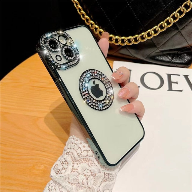 For iPhone 14 Pro Max Luxury Plating Flash Diamond Silicone Phone Case For iPhone 11 12 13 14 Plus Hollow Out Rhinestone Cover