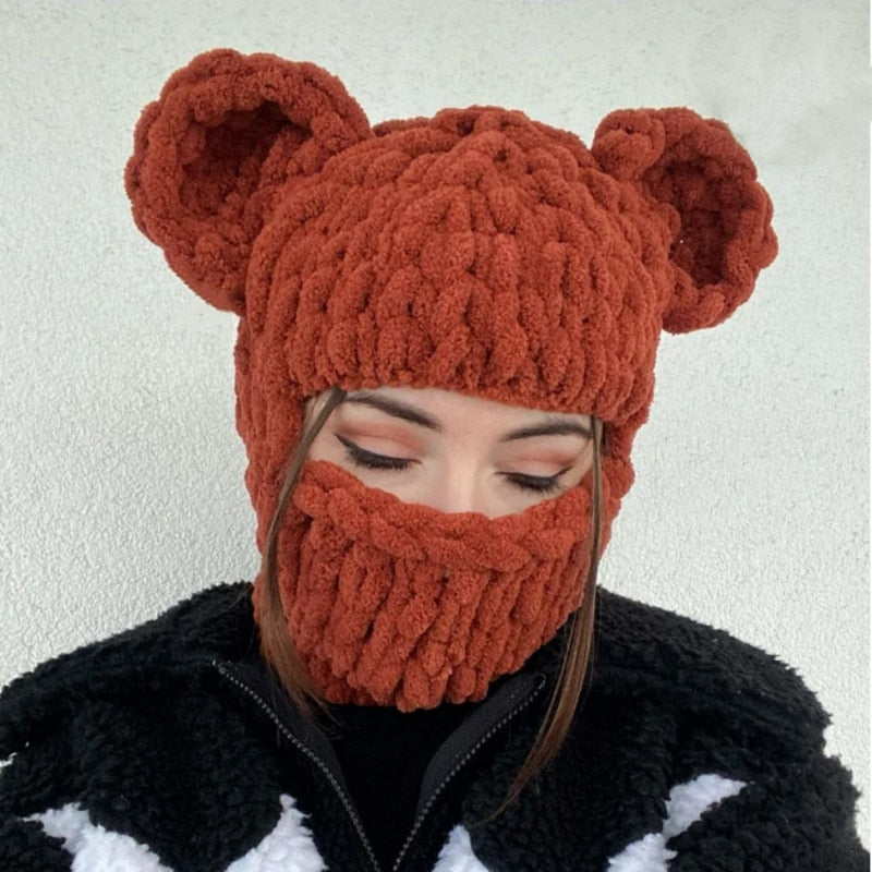 Bear Ears Winter Thicked Warm Adult Party Funny Mask Cap Handmade Bonnet