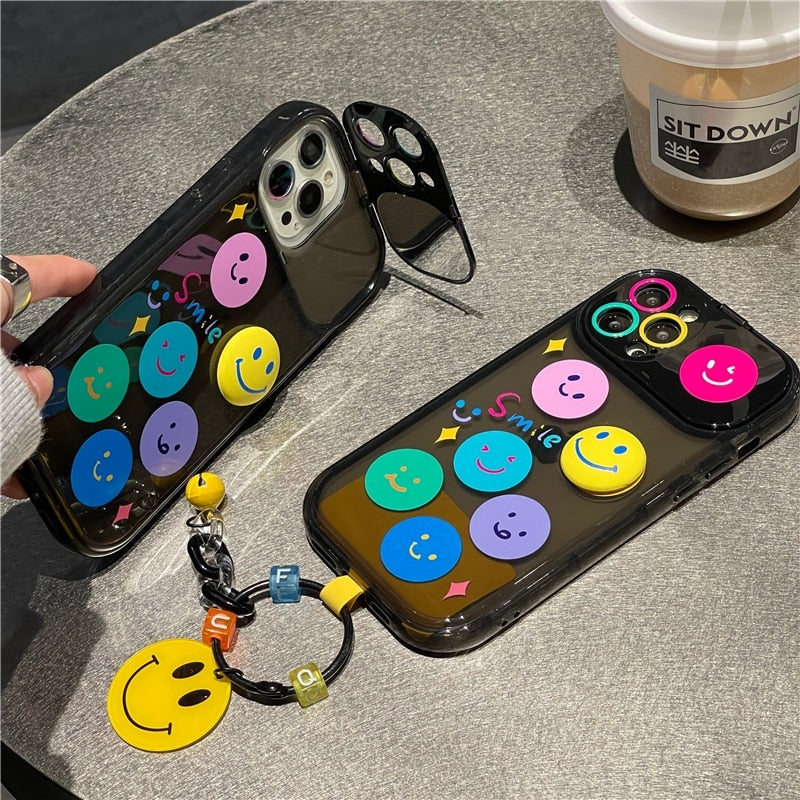 Cartoon Cute Mirror Funny Smiley Keychain Clear Soft Case For iPhone 14 14Pro 13 12 11 Pro Max XR Lens Protection Cover