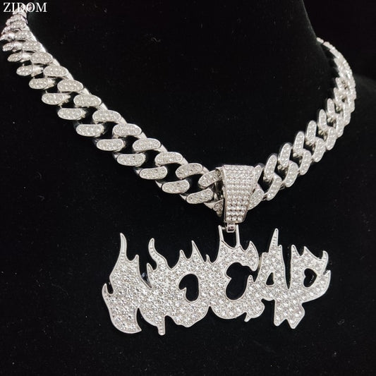 NO CAP  Flame Letters Iced Out Pendant Necklaces with 13mm Cuban Chain
