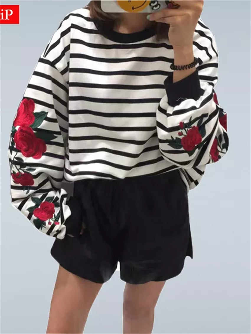 Hoodies Roses Embroidery Lantern Sleeve Loose Striped Women Sweatshirt Girl Vintage