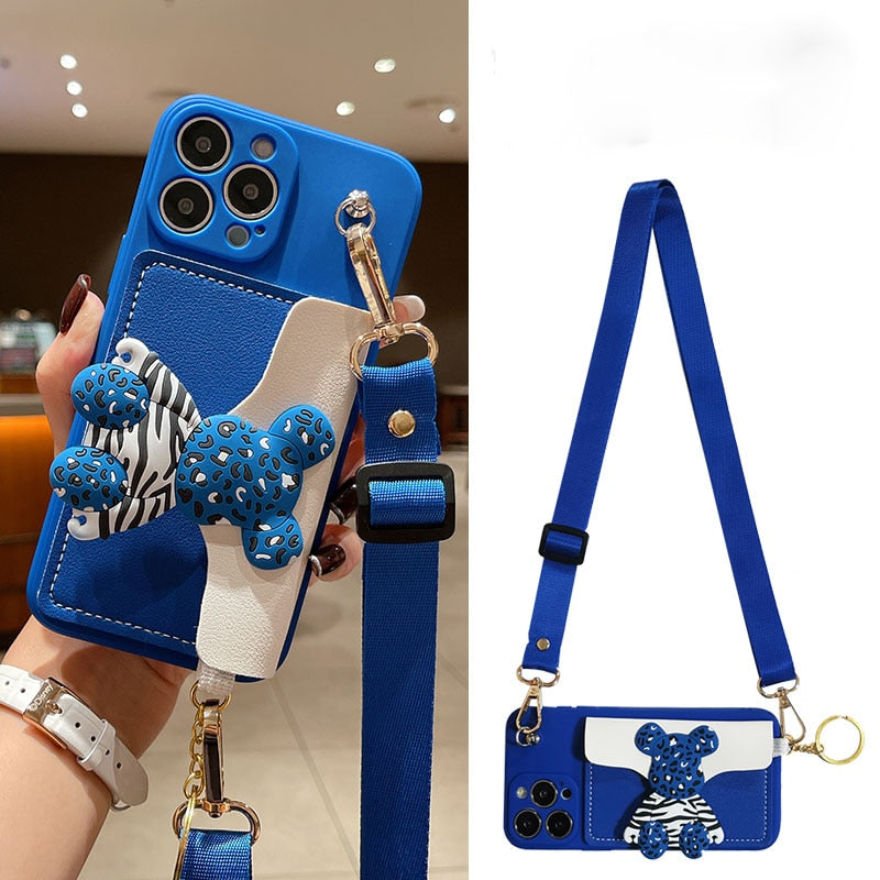 3D Bear Wallet Card Crossbody Lanyards Silicone Phone Case For iPhone