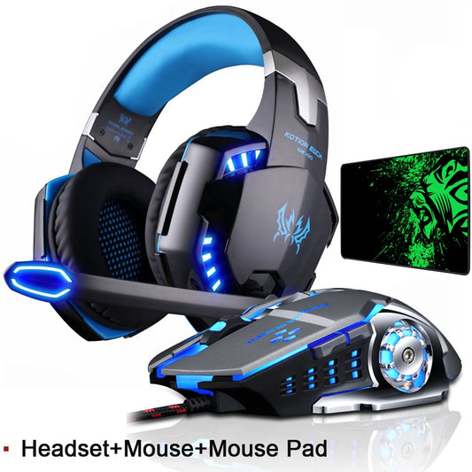 Gaming Headset Deep Bass Stereo Game Headphone with Microphone LED Light for PC Laptop PS5+Gaming Mouse+Mice Pad
