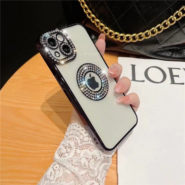 For iPhone 14 Pro Max Luxury Plating Flash Diamond Silicone Phone Case For iPhone 11 12 13 14 Plus Hollow Out Rhinestone Cover