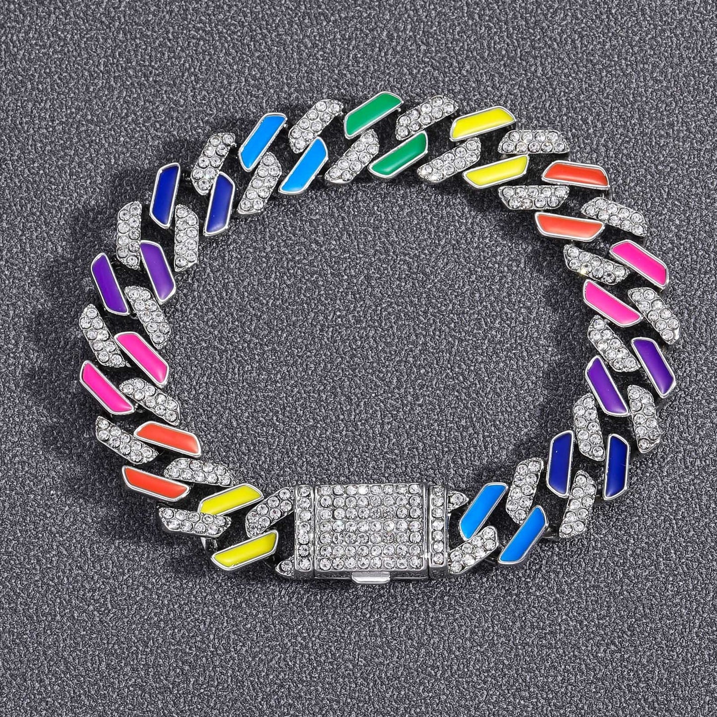Hip Hop12mm Ice Crystal Rhinestone Colorful Cuban Chain Color Nightclub Tide Brand Rapper Personality Male Bracelet Necklace