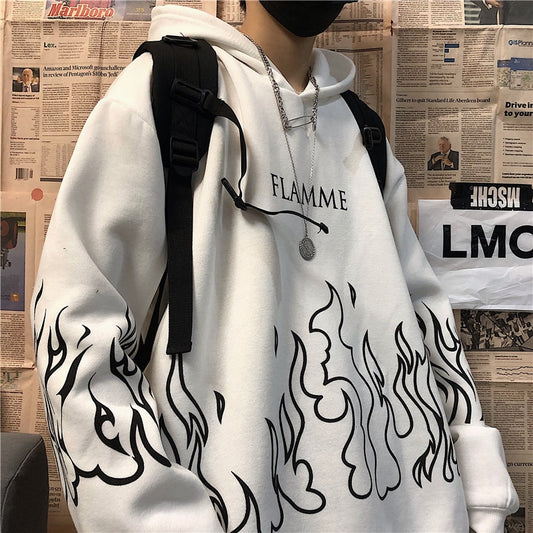 Retro Flame Print Hoodies Women  Oversized Long Sleeve Hoodie Tops Korean Style