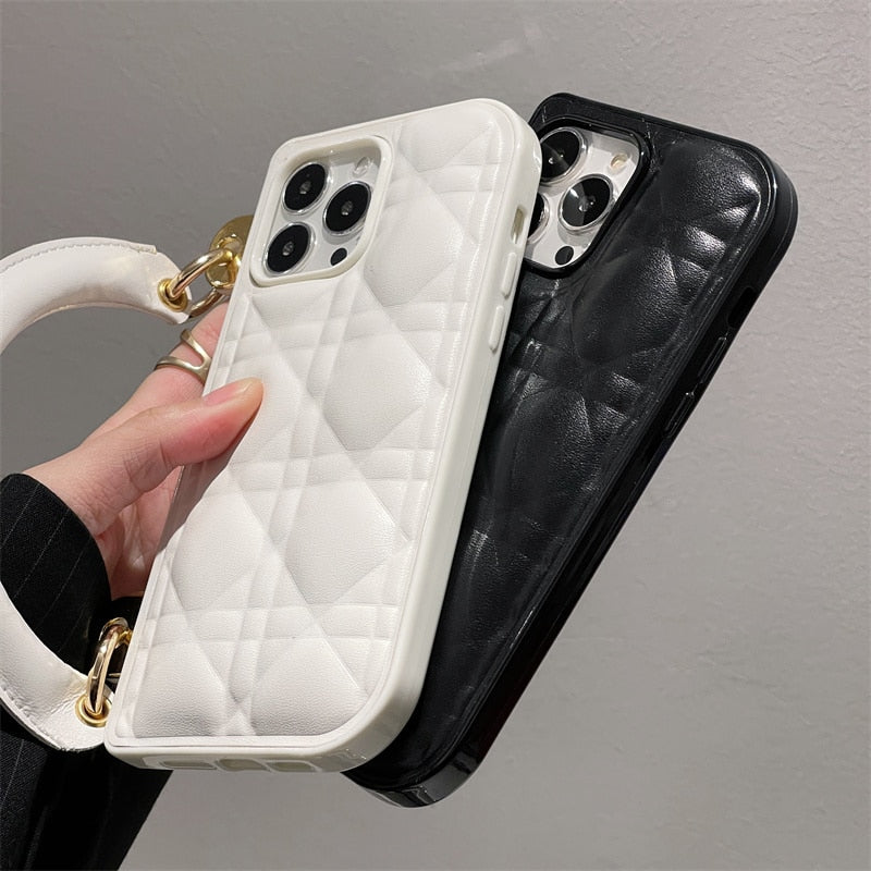 Luxury Diamond Check Pattern Handbag Phone Case For iPhone 14 Pro 11 12 13 Pro Max Soft Cover Leather Puffer Shockproof Cases