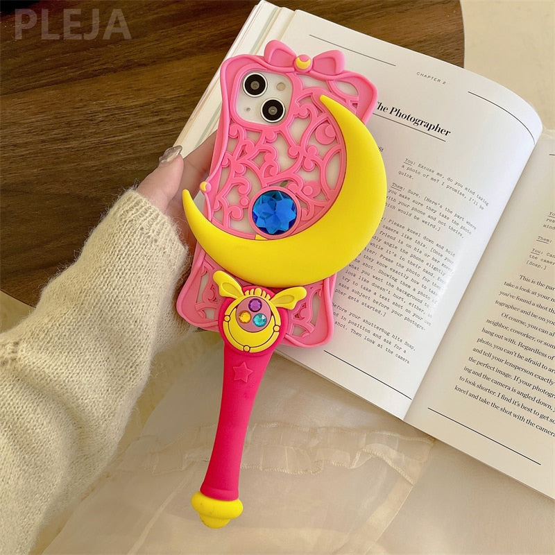 Cute 3D Moon Stick Silicone Case For iPhone 14 13 12 11 Pro Max Lovely Girl Protection Cover For iPhone 14Pro Shockproof Funda